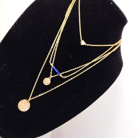 Layered Gold Plated Heart Long Necklace Medallion Pendant Blue stones Chain tree - Picture 12 of 15